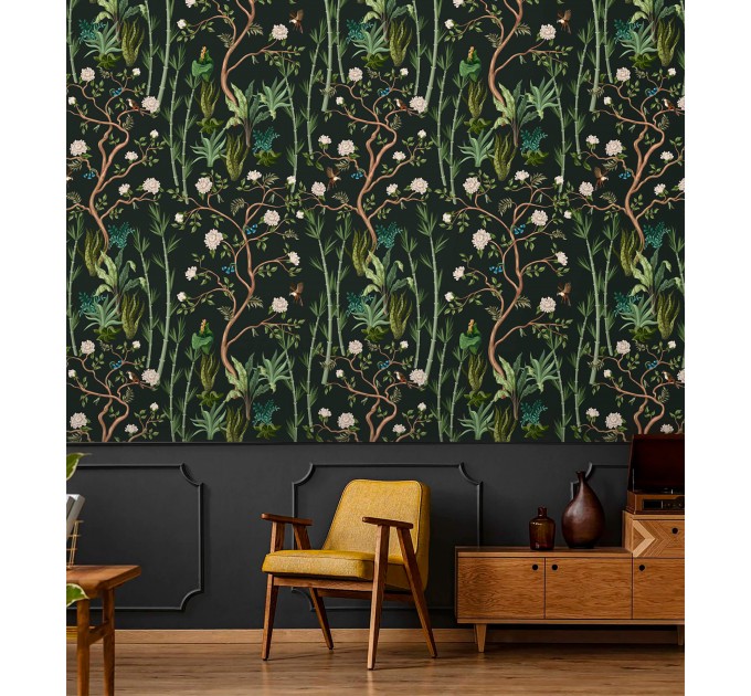 Deep green botanical wallpaper flowers and leaves