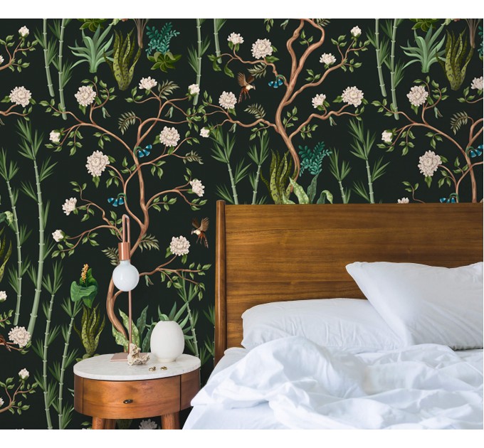 Deep green botanical wallpaper flowers and leaves