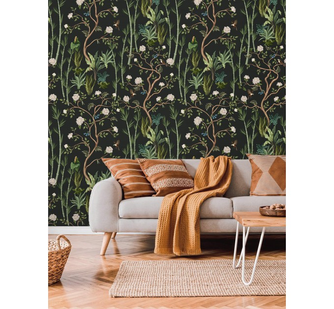 Deep green botanical wallpaper flowers and leaves