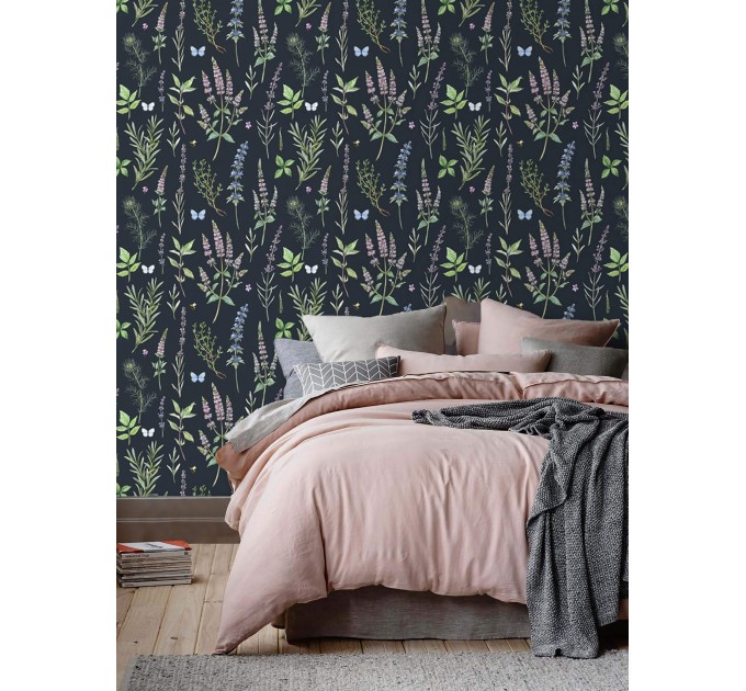 Dark botanical wallpaper herbs and flowers