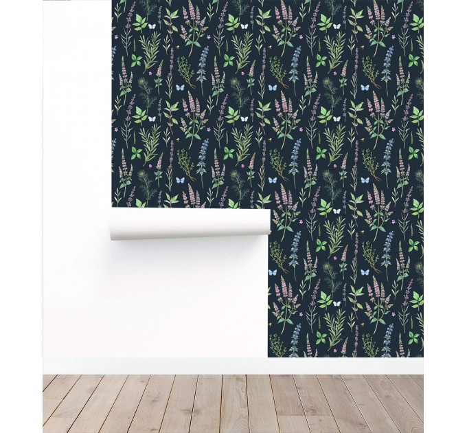 Dark botanical wallpaper herbs and flowers