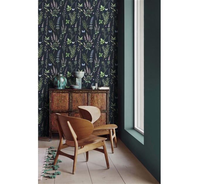 Dark botanical wallpaper herbs and flowers