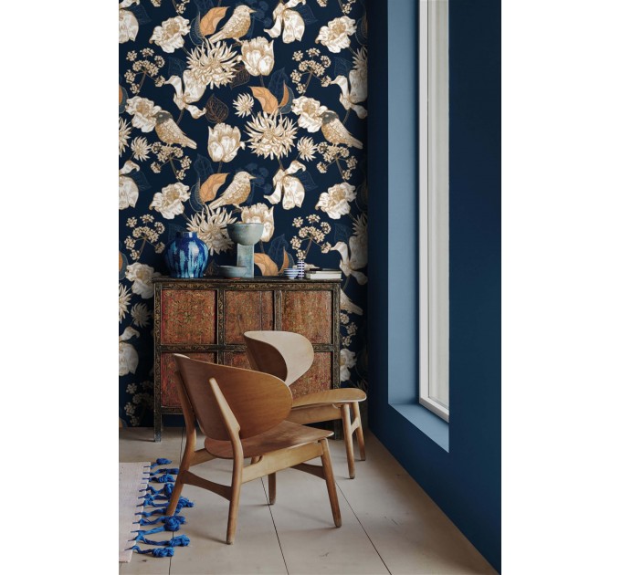 Dark floral wallpaper birds Chinoiserie style accent wall