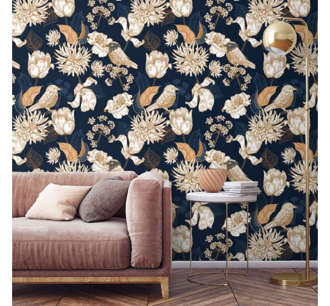 Dark floral wallpaper birds Chinoiserie style accent wall