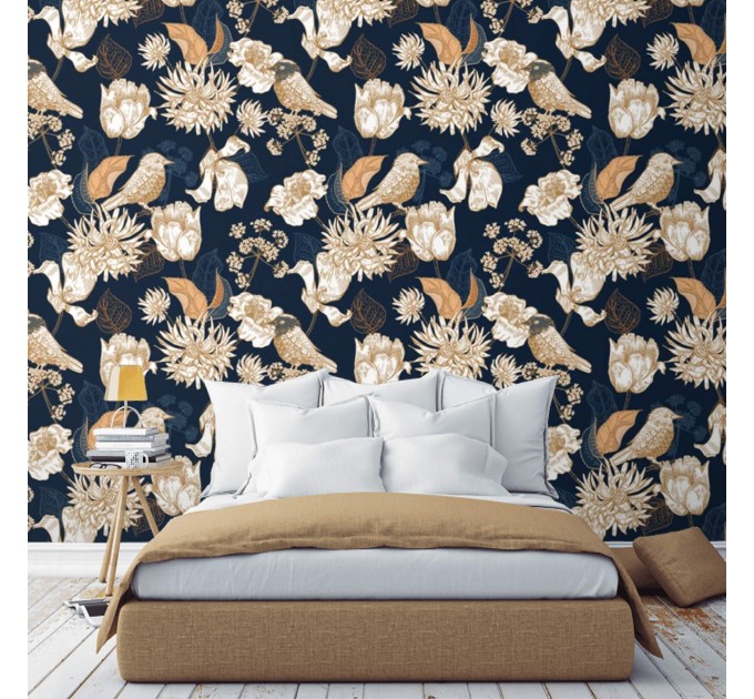 Dark floral wallpaper birds Chinoiserie style accent wall