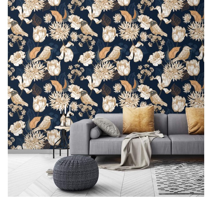 Dark floral wallpaper birds Chinoiserie style accent wall