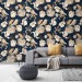 Dark floral wallpaper birds Chinoiserie style accent wall