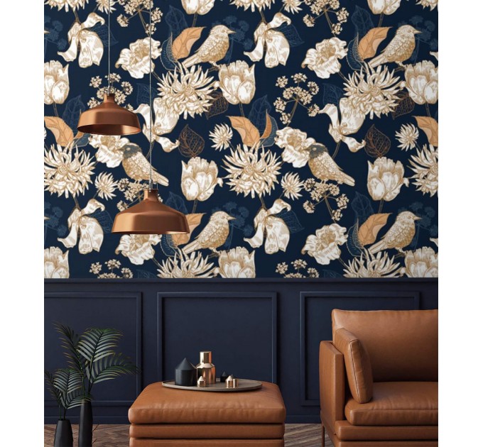 Dark floral wallpaper birds Chinoiserie style accent wall