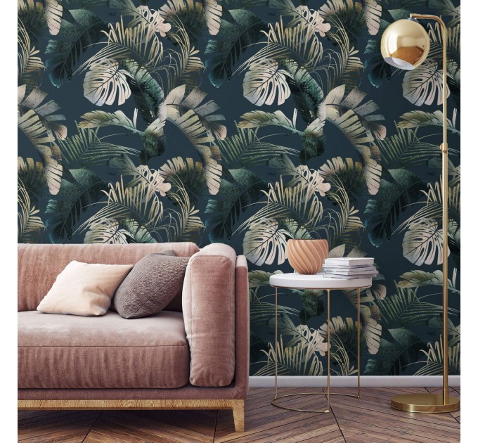 Dark palm leaves watercolor wallpaper tropical design