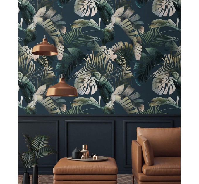 Dark palm leaves watercolor wallpaper tropical design