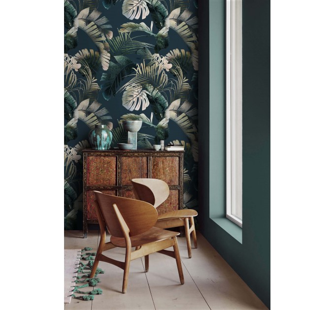 Dark palm leaves watercolor wallpaper tropical design