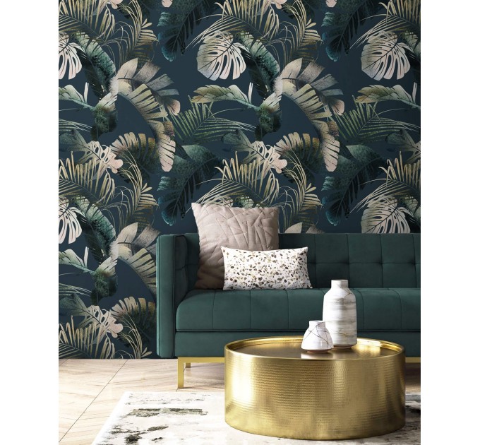 Dark palm leaves watercolor wallpaper tropical design