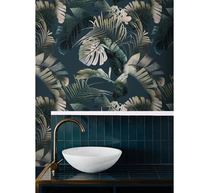 Dark palm leaves watercolor wallpaper tropical design