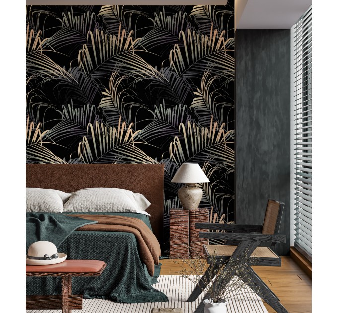 Exotic palm leaf wallpaper, moody tropical decor