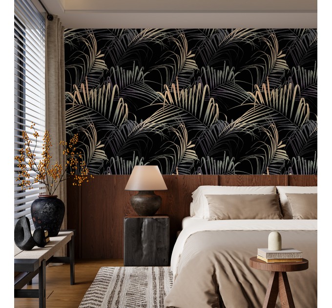 Exotic palm leaf wallpaper, moody tropical decor