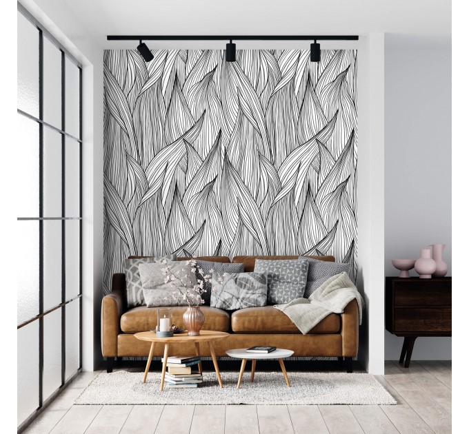 Modern black & white abstract leaf pattern wallpaper