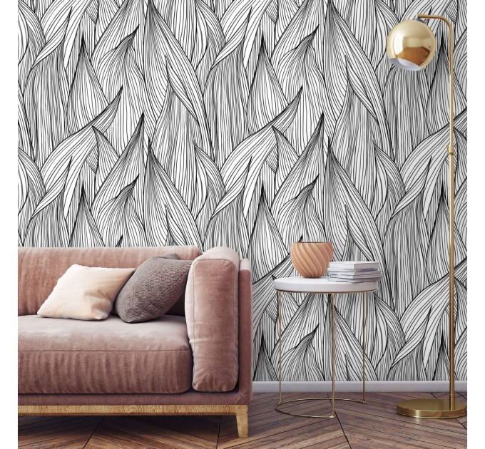 Modern black & white abstract leaf pattern wallpaper