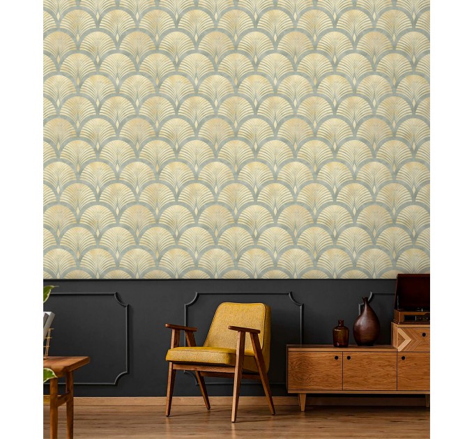 Vintage art deco wallpaper gold non metallic watercolor fans