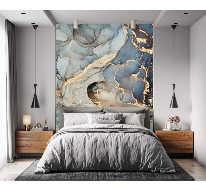Abstract wall mural blue gold non metallic art wallpaper
