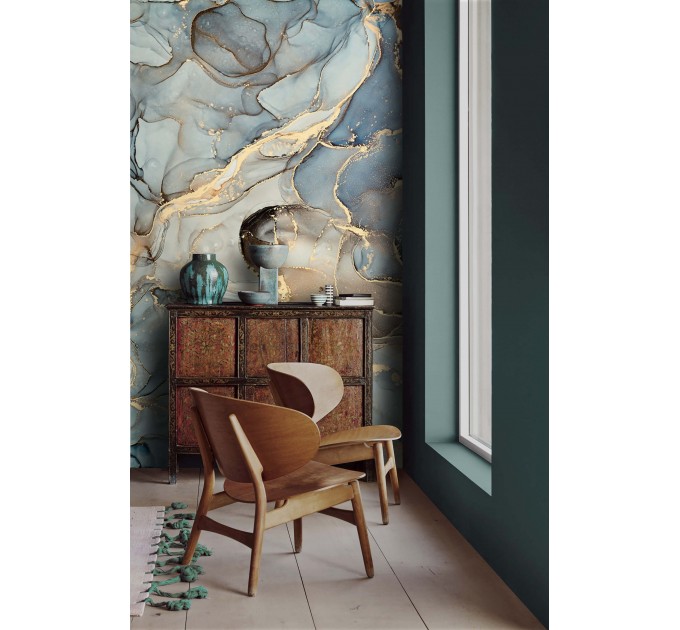 Abstract wall mural blue gold non metallic art wallpaper