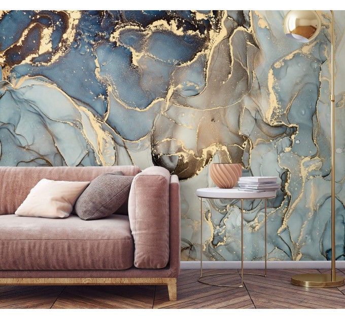 Abstract wall mural blue gold non metallic art wallpaper