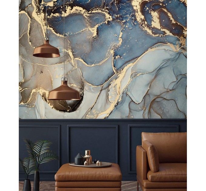 Abstract wall mural blue gold non metallic art wallpaper