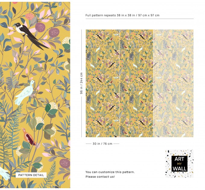 Botanical wallpaper wildflowers, herbs with birds on yellow