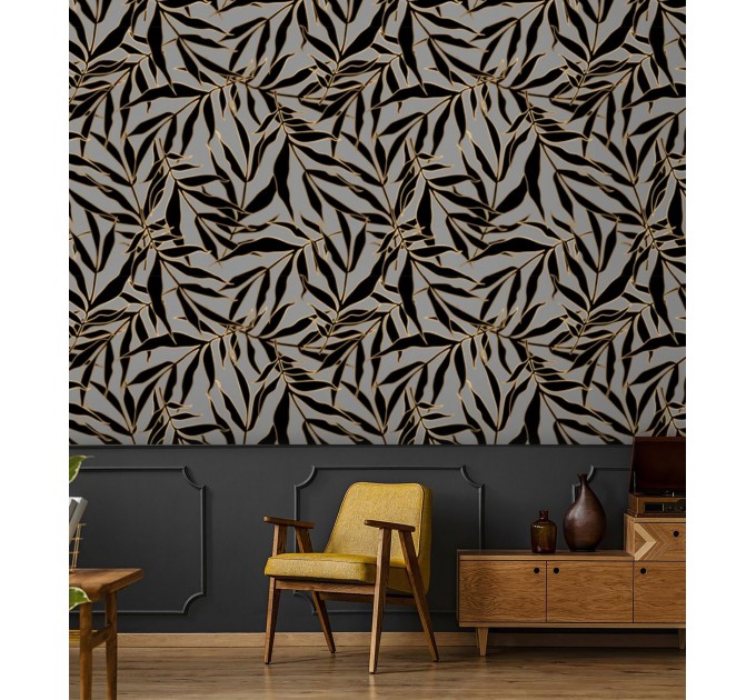 Dark wallpaper gold linear leaves non metallic
