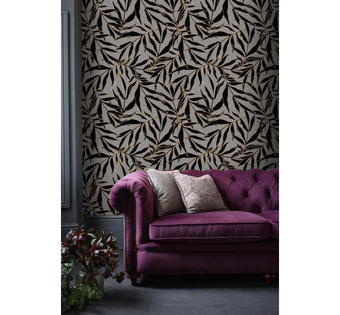 Dark wallpaper gold linear leaves non metallic