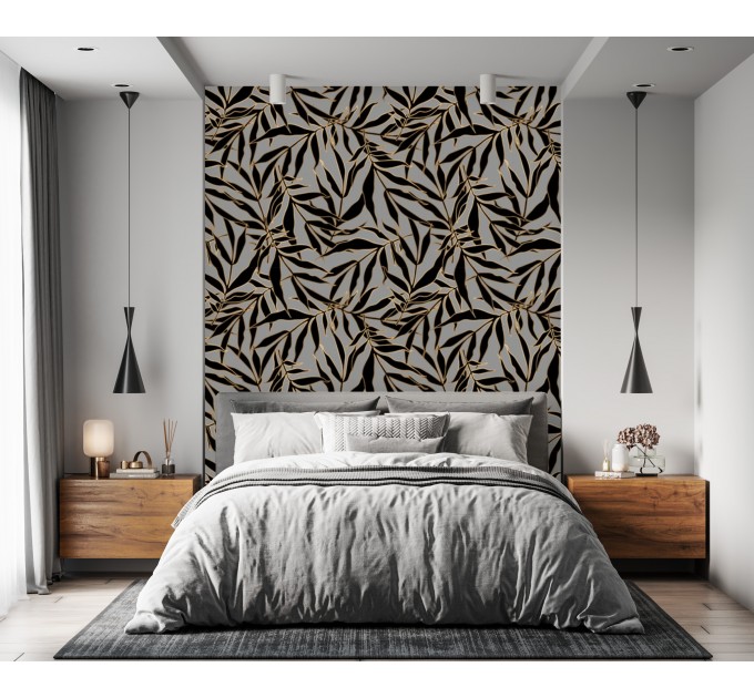 Dark wallpaper gold linear leaves non metallic