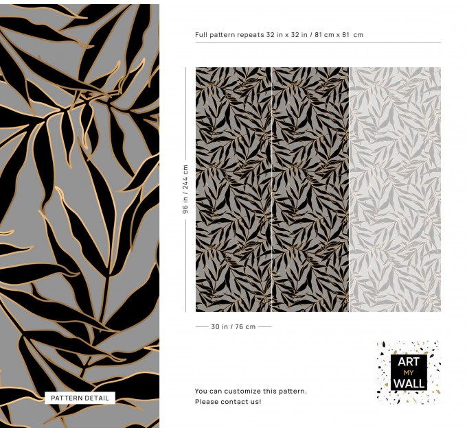 Dark wallpaper gold linear leaves non metallic