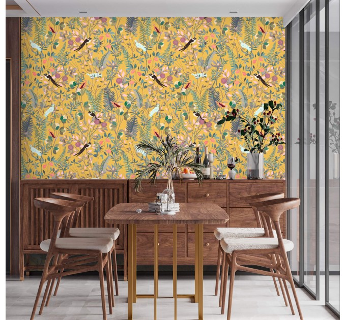 Botanical wallpaper wildflowers, herbs with birds on yellow
