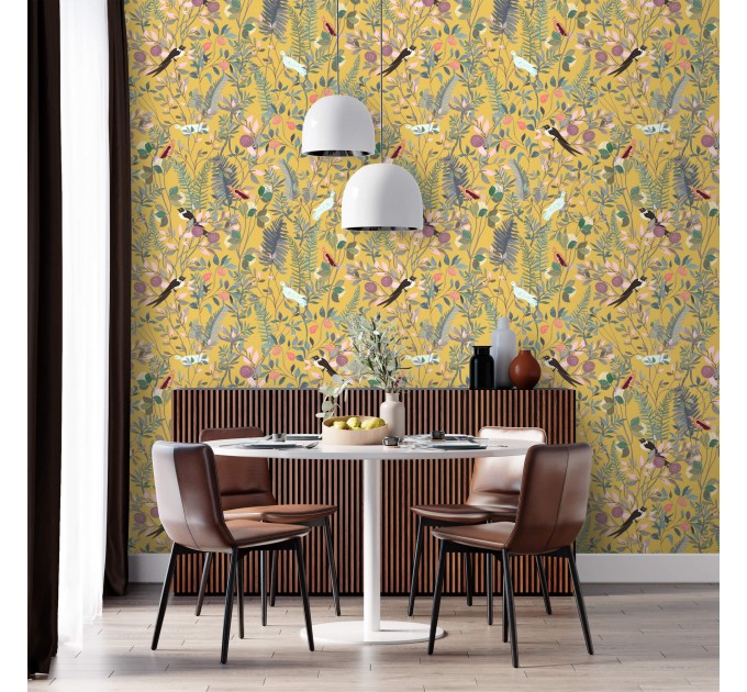 Botanical wallpaper wildflowers, herbs with birds on yellow