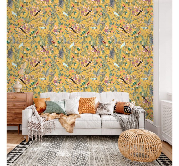 Botanical wallpaper wildflowers, herbs with birds on yellow