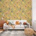 Botanical wallpaper wildflowers, herbs with birds on yellow