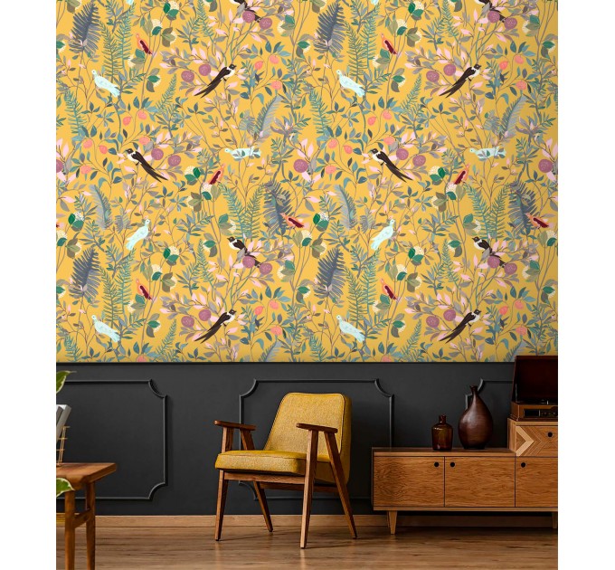 Botanical wallpaper wildflowers, herbs with birds on yellow