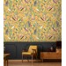 Botanical wallpaper wildflowers, herbs with birds on yellow
