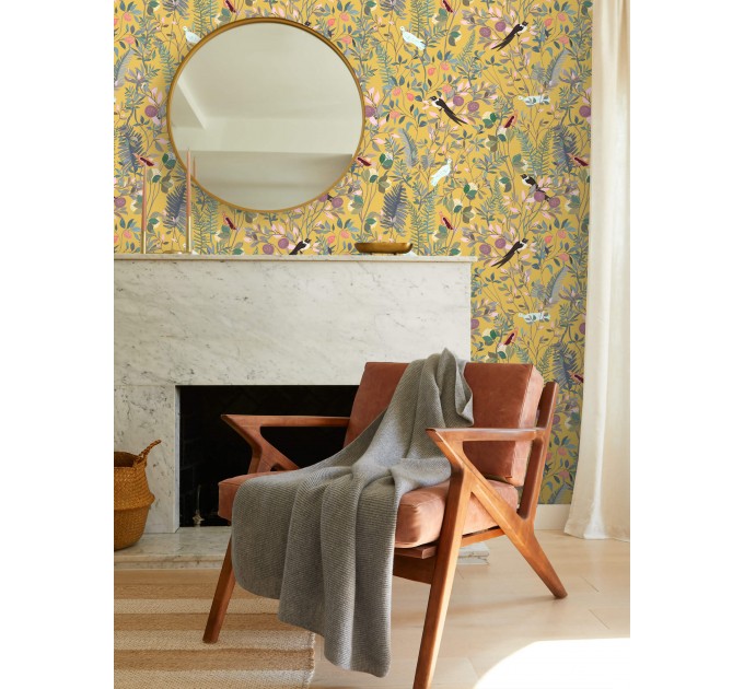 Botanical wallpaper wildflowers, herbs with birds on yellow
