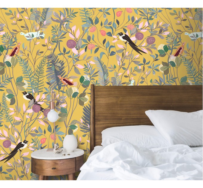 Botanical wallpaper wildflowers, herbs with birds on yellow