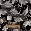 Dark wallpaper cranes - Accent Japanese wall decor