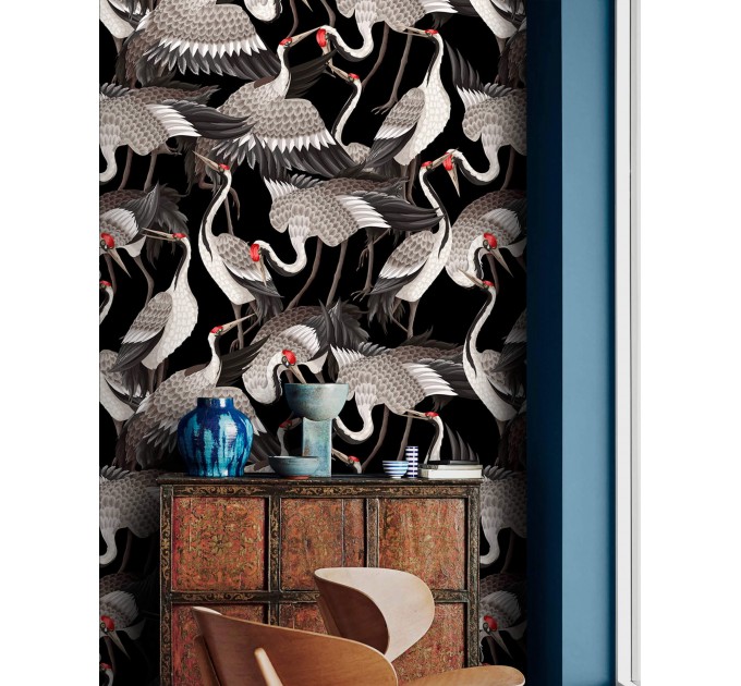 Dark wallpaper cranes - Accent Japanese wall decor