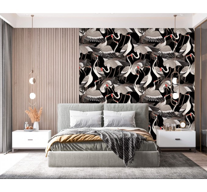Dark wallpaper cranes - Accent Japanese wall decor