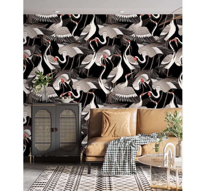 Dark wallpaper cranes - Accent Japanese wall decor