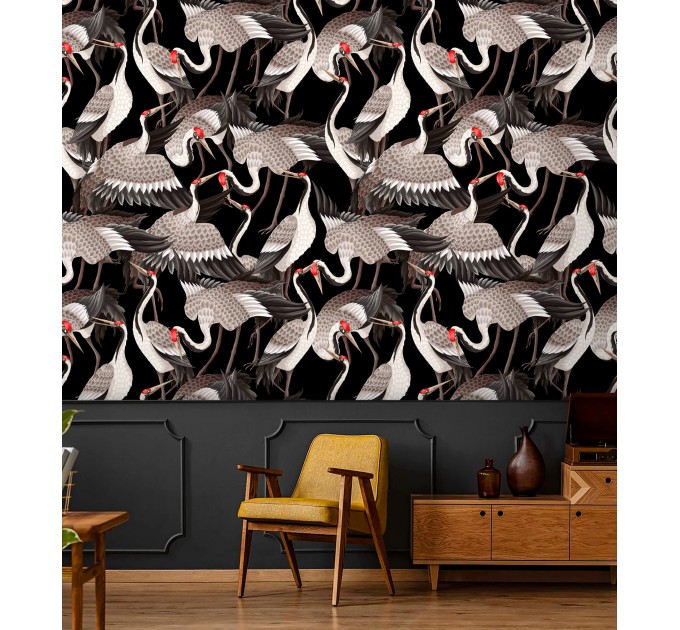 Dark wallpaper cranes - Accent Japanese wall decor