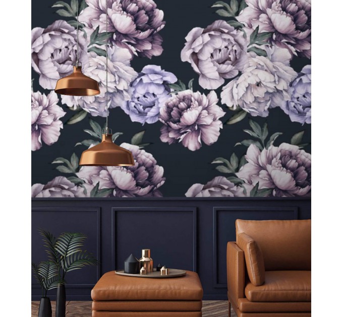 Dark floral wallpaper large peony watercolor flowers