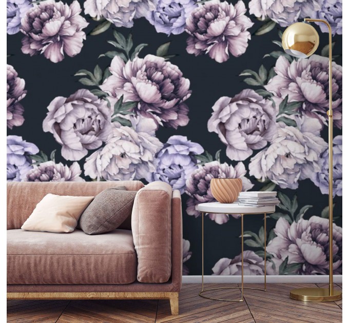 Dark floral wallpaper large peony watercolor flowers