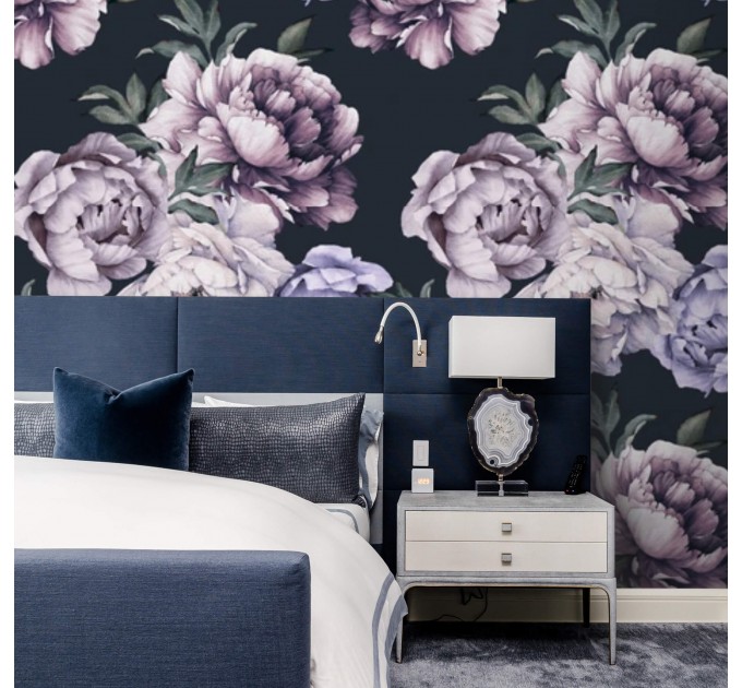 Dark floral wallpaper large peony watercolor flowers