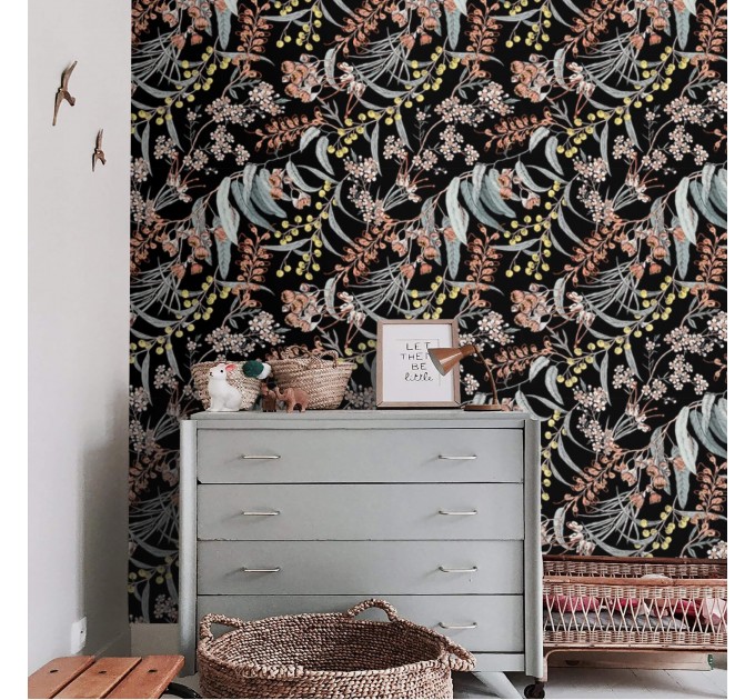 Dark botanical floral wallpaper herbs and wildflowers