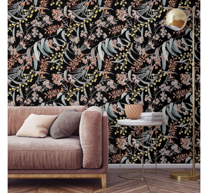 Dark botanical floral wallpaper herbs and wildflowers