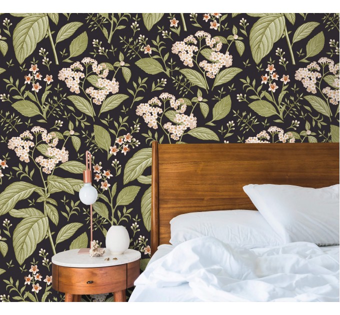 Dark botanical wallpaper vintage herbs and wildflowers